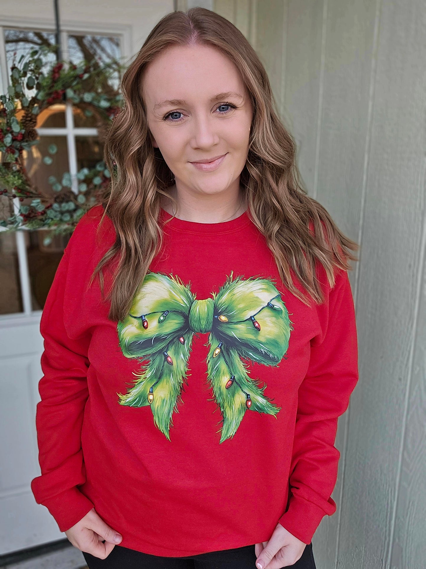 GREEN CHRISTMAS BOW Red Crewneck Sweatshirt