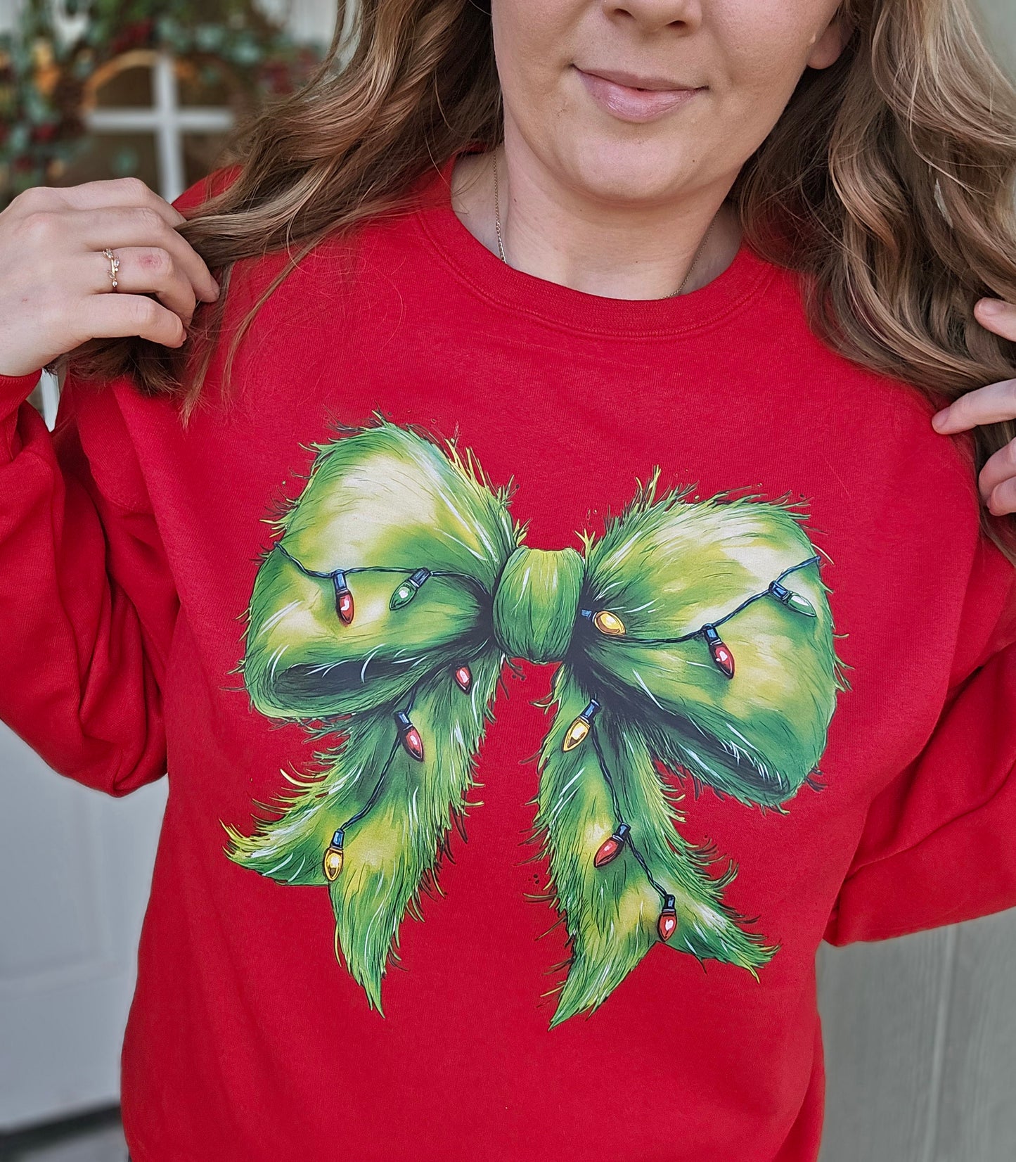 GREEN CHRISTMAS BOW Red Crewneck Sweatshirt