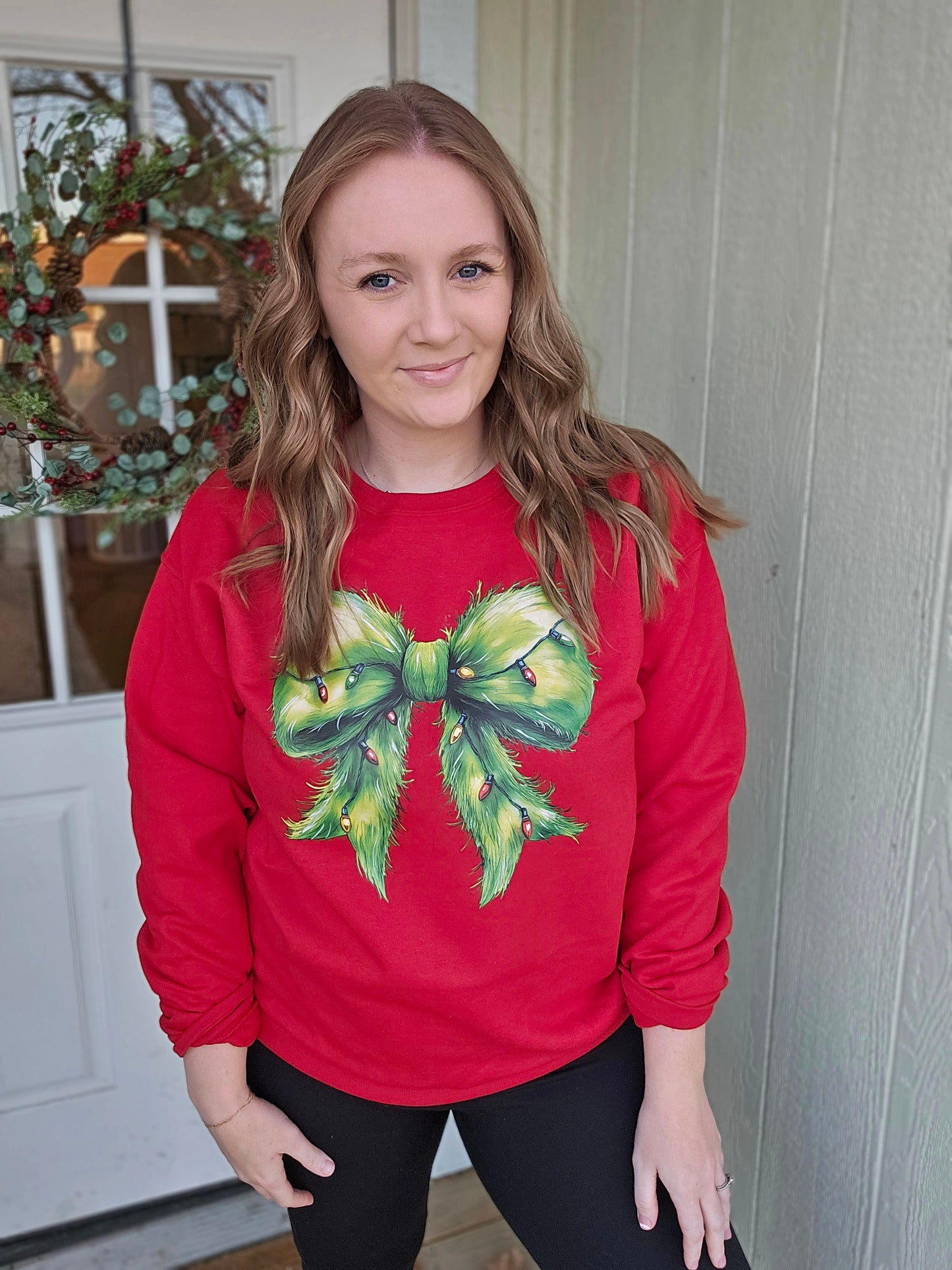 GREEN CHRISTMAS BOW Red Crewneck Sweatshirt