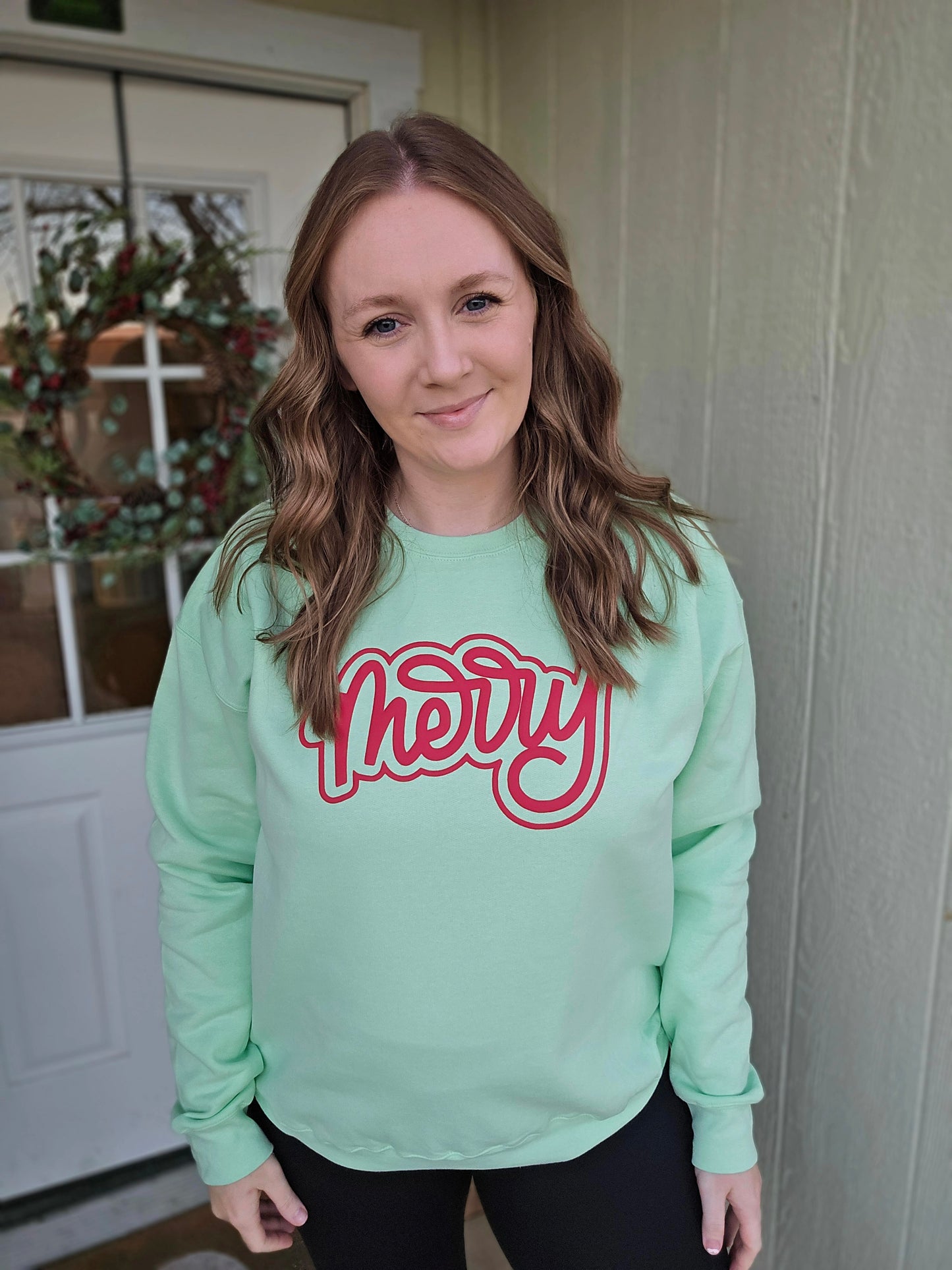 MERRY Script *PUFF* Mint Green Crewneck Sweatshirt