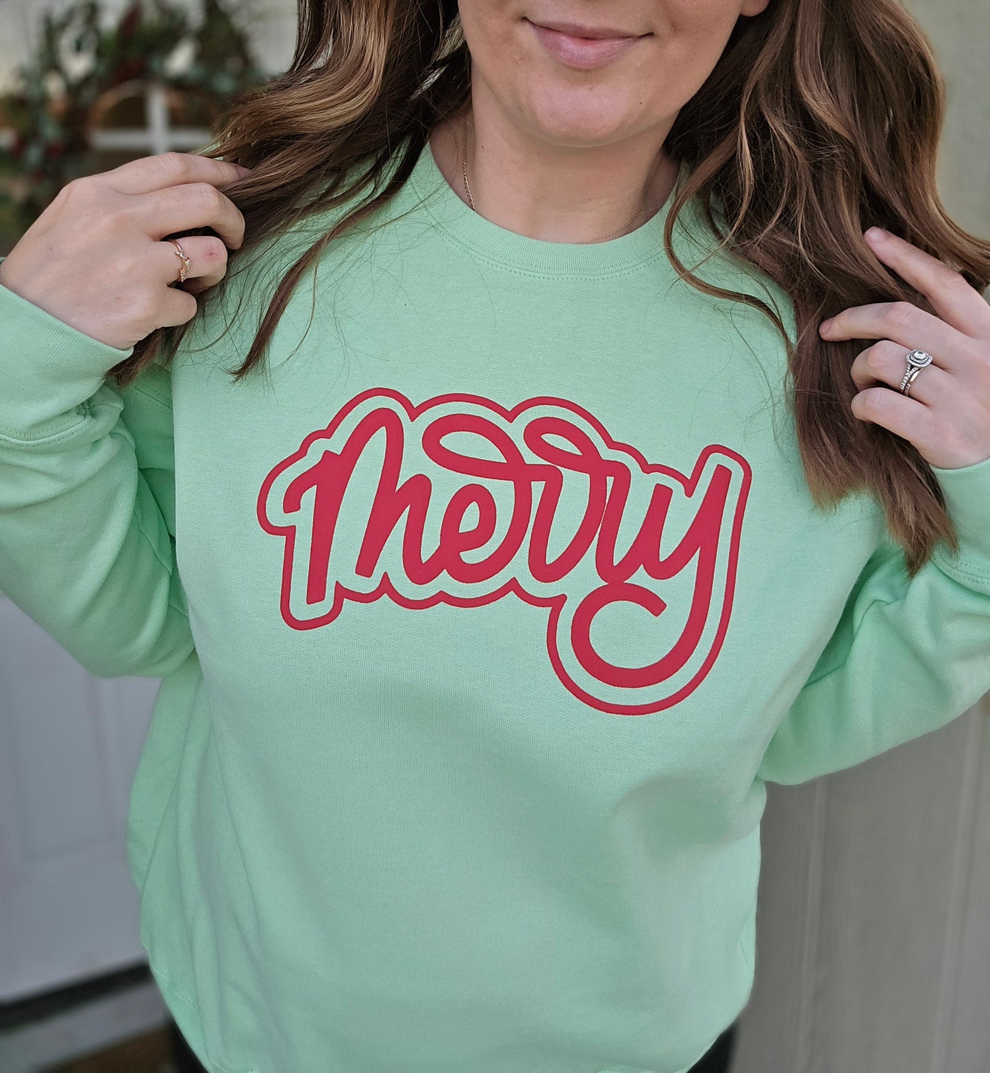 MERRY Script *PUFF* Mint Green Crewneck Sweatshirt