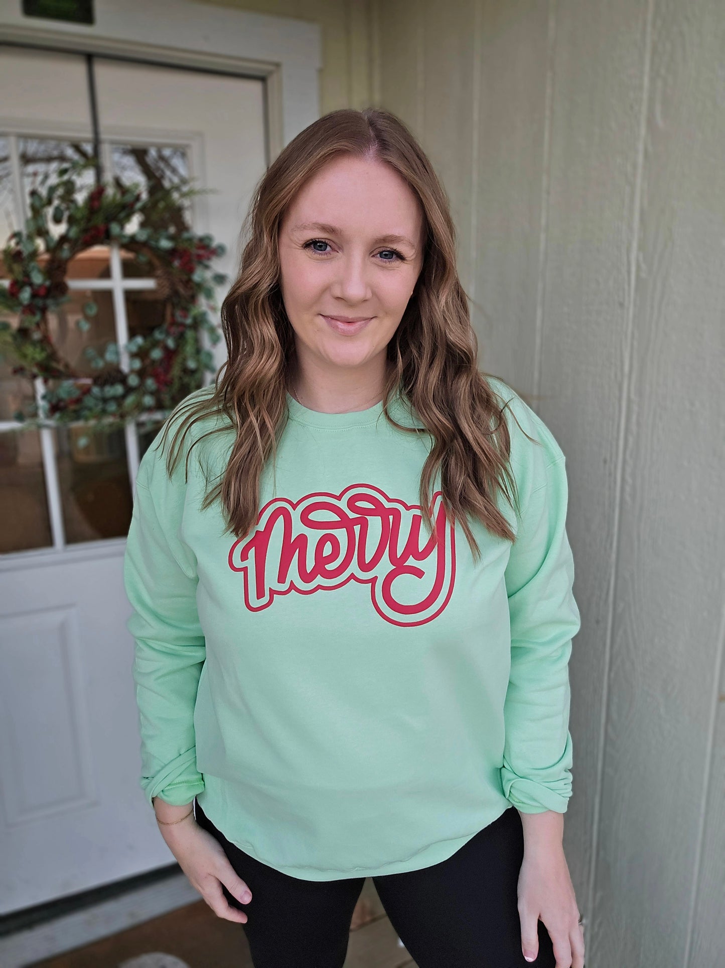 MERRY Script *PUFF* Mint Green Crewneck Sweatshirt