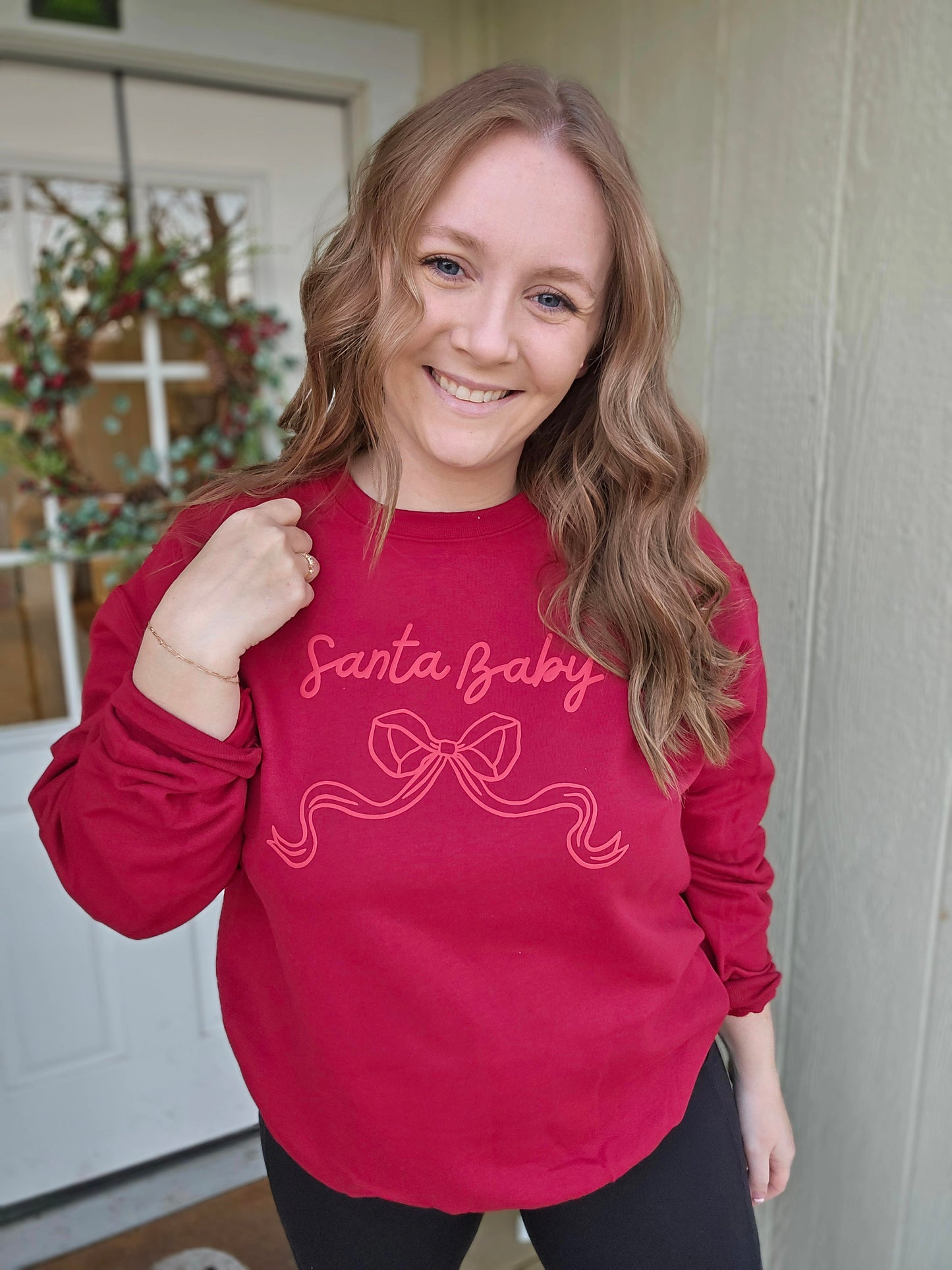 SANTA BABY Bow Cardinal Red Crewneck Sweatshirt