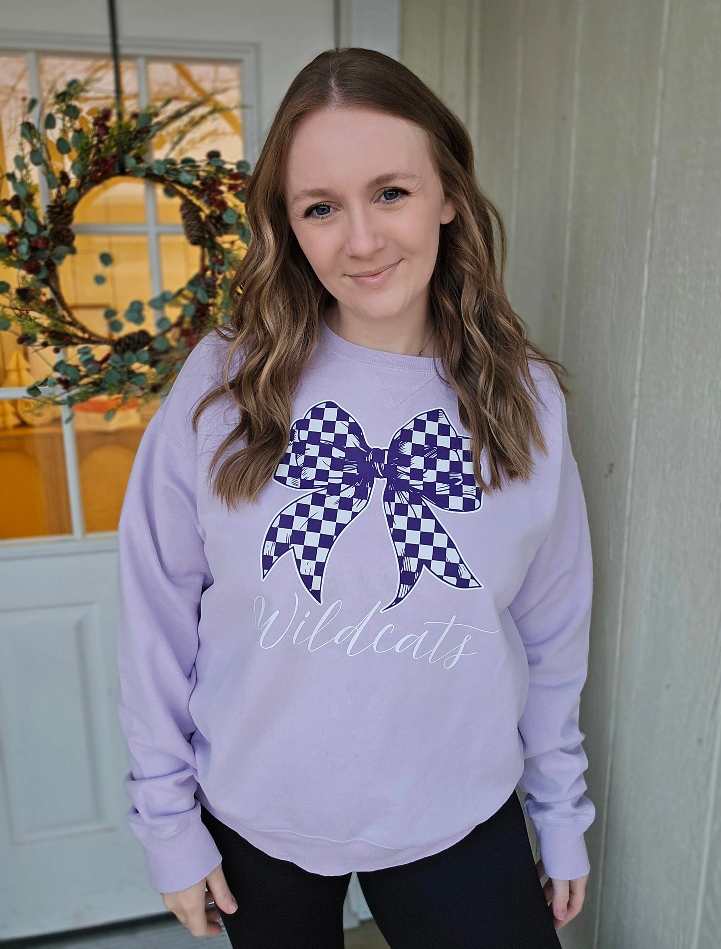 WILDCATS Checkered Bow Lavender Crewneck Sweatshirt