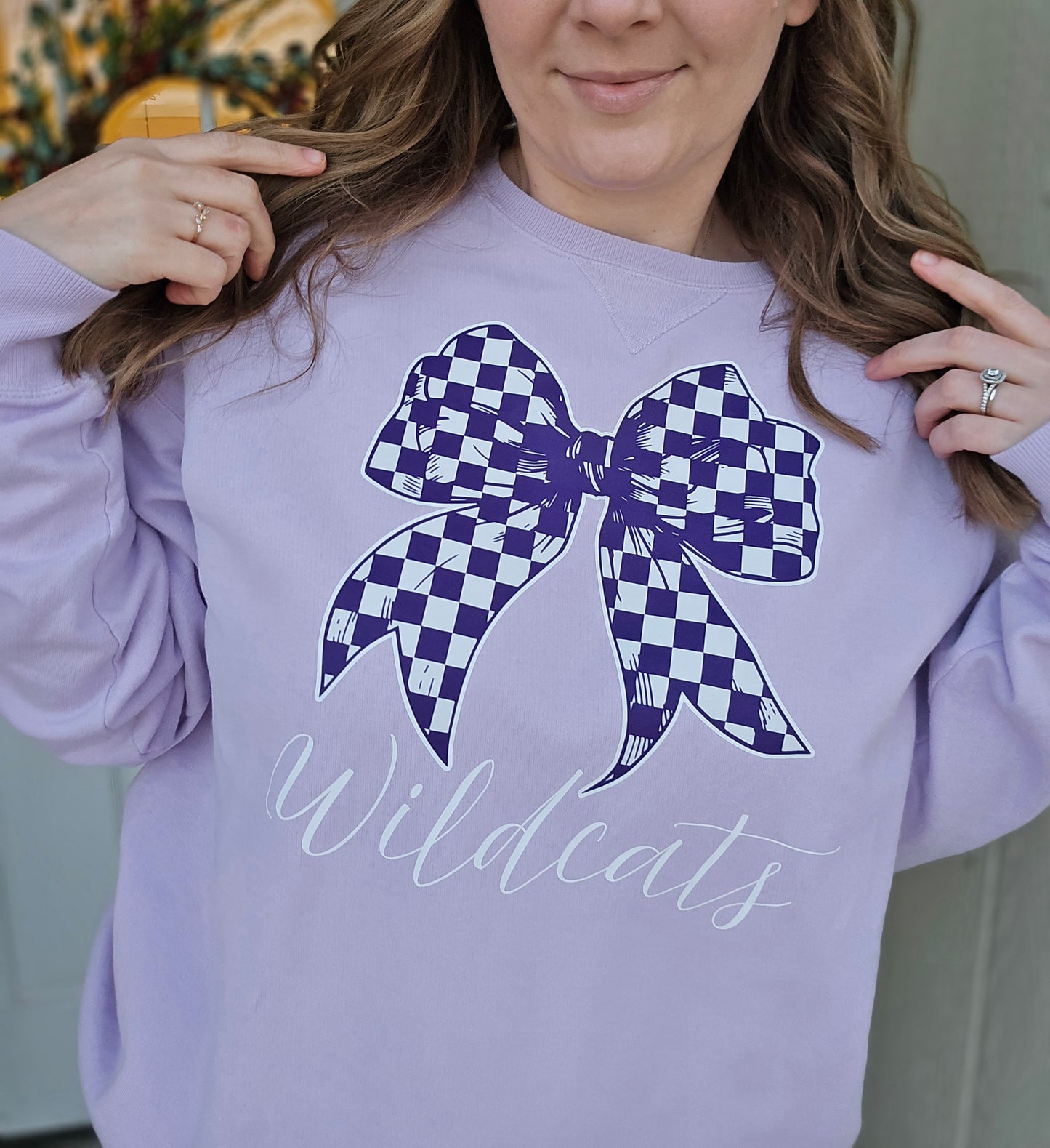 WILDCATS Checkered Bow Lavender Crewneck Sweatshirt