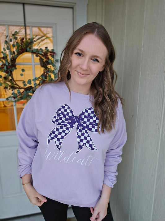 WILDCATS Checkered Bow Lavender Crewneck Sweatshirt