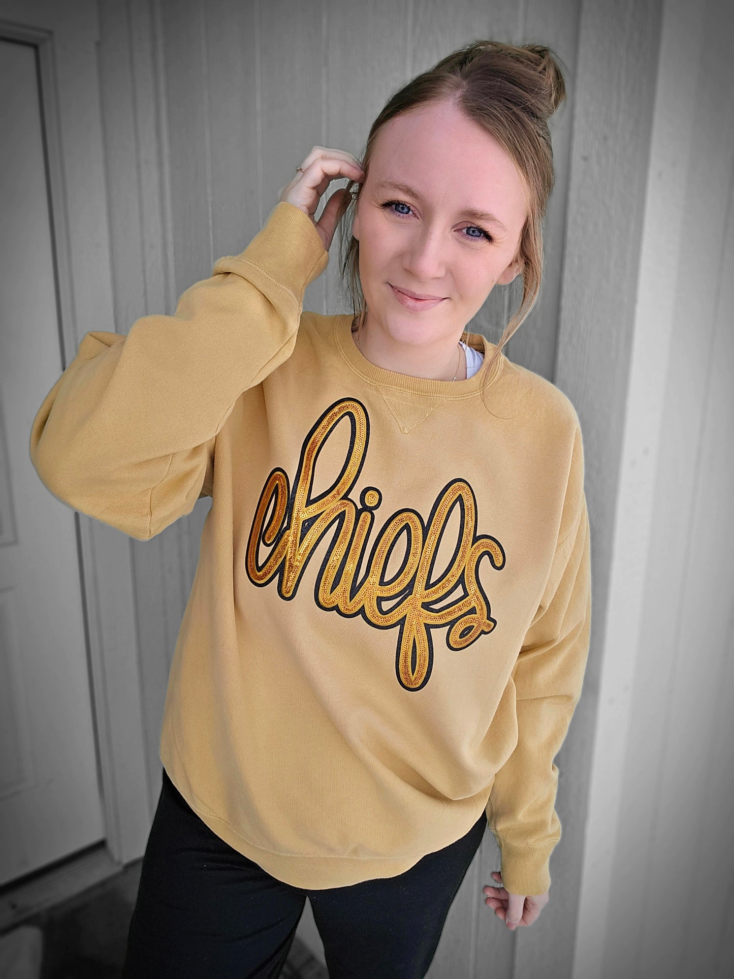 KC SCRIPT Gold Sequin Patch Mustard Vintage Wash Crewneck