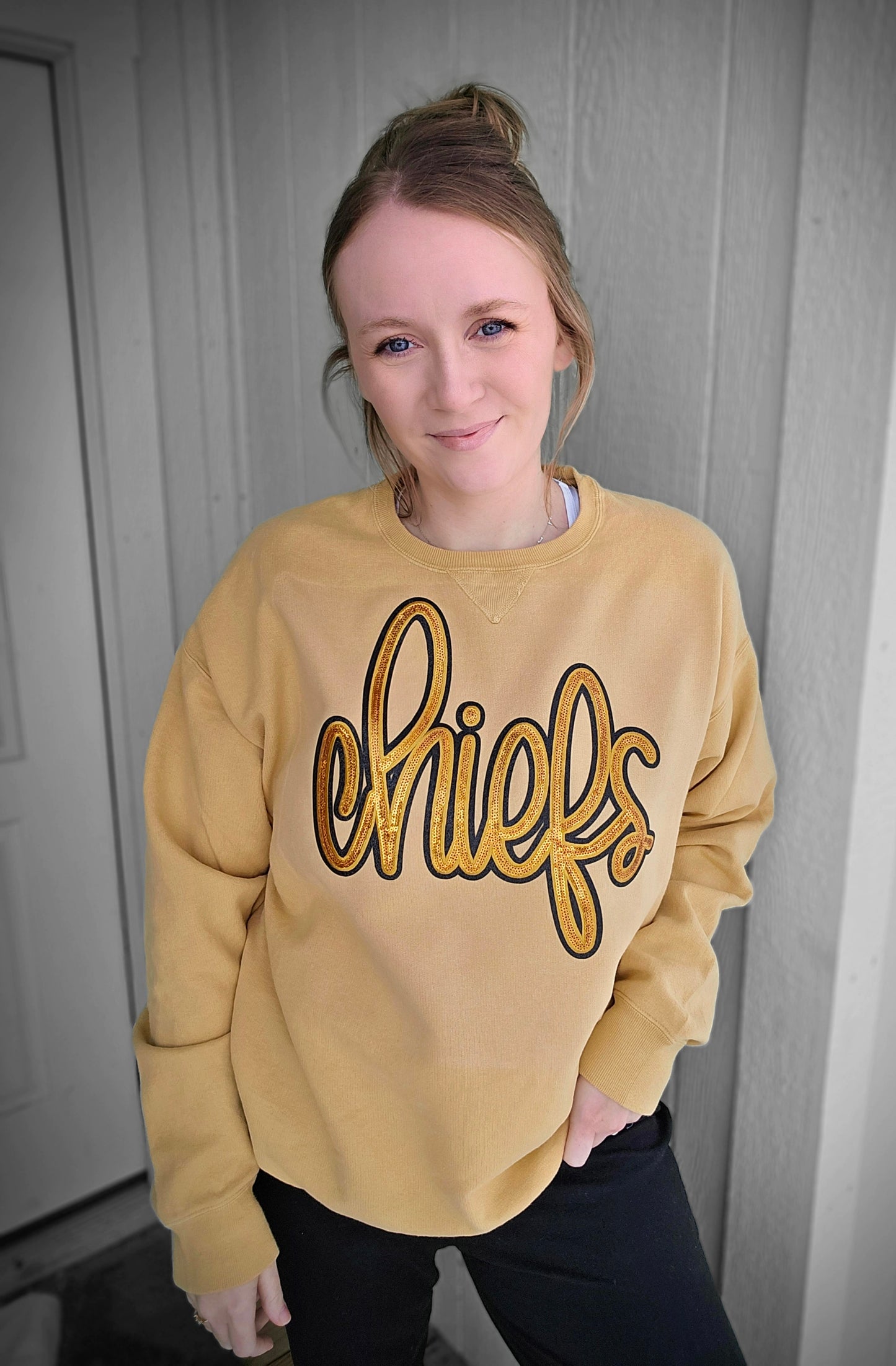 KC SCRIPT Gold Sequin Patch Mustard Vintage Wash Crewneck