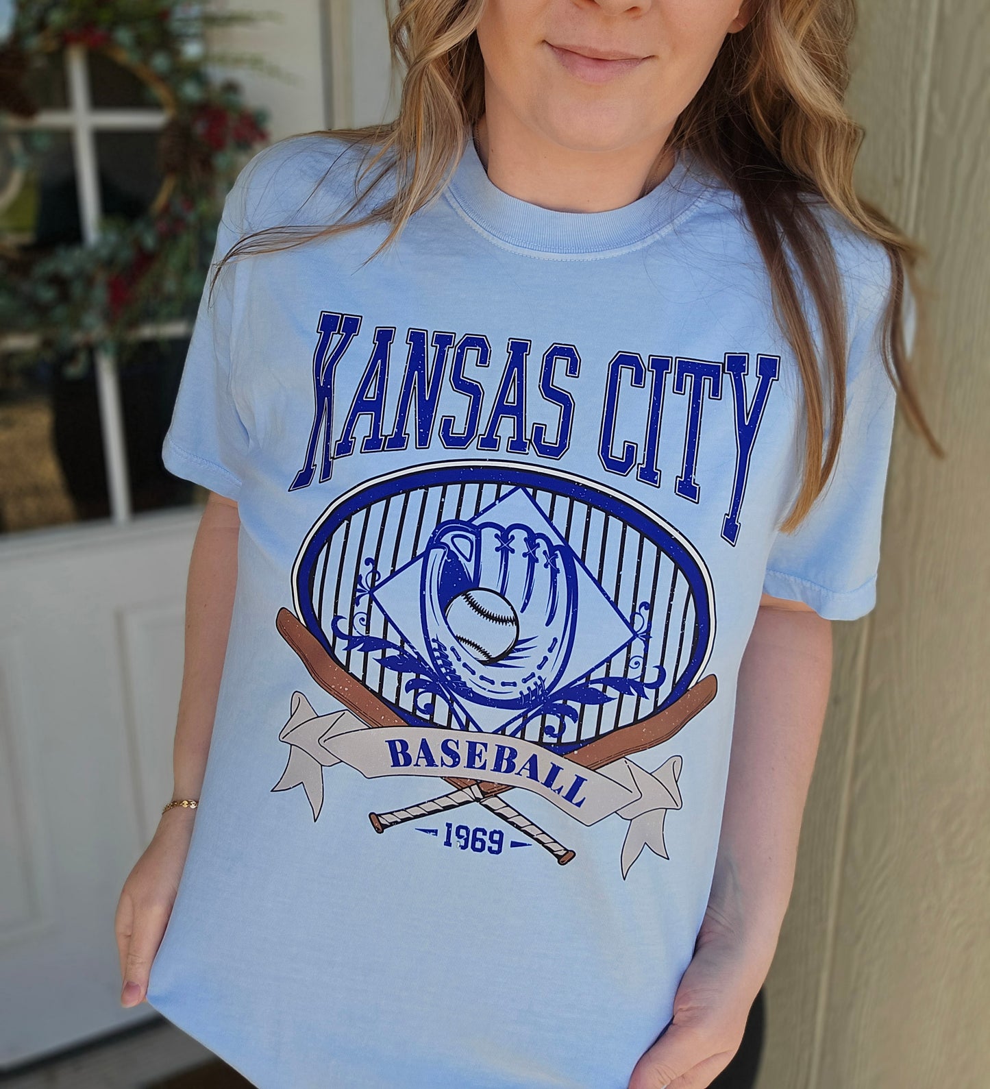 KC BASEBALL Retro Light Blue Vintage Wash Tee