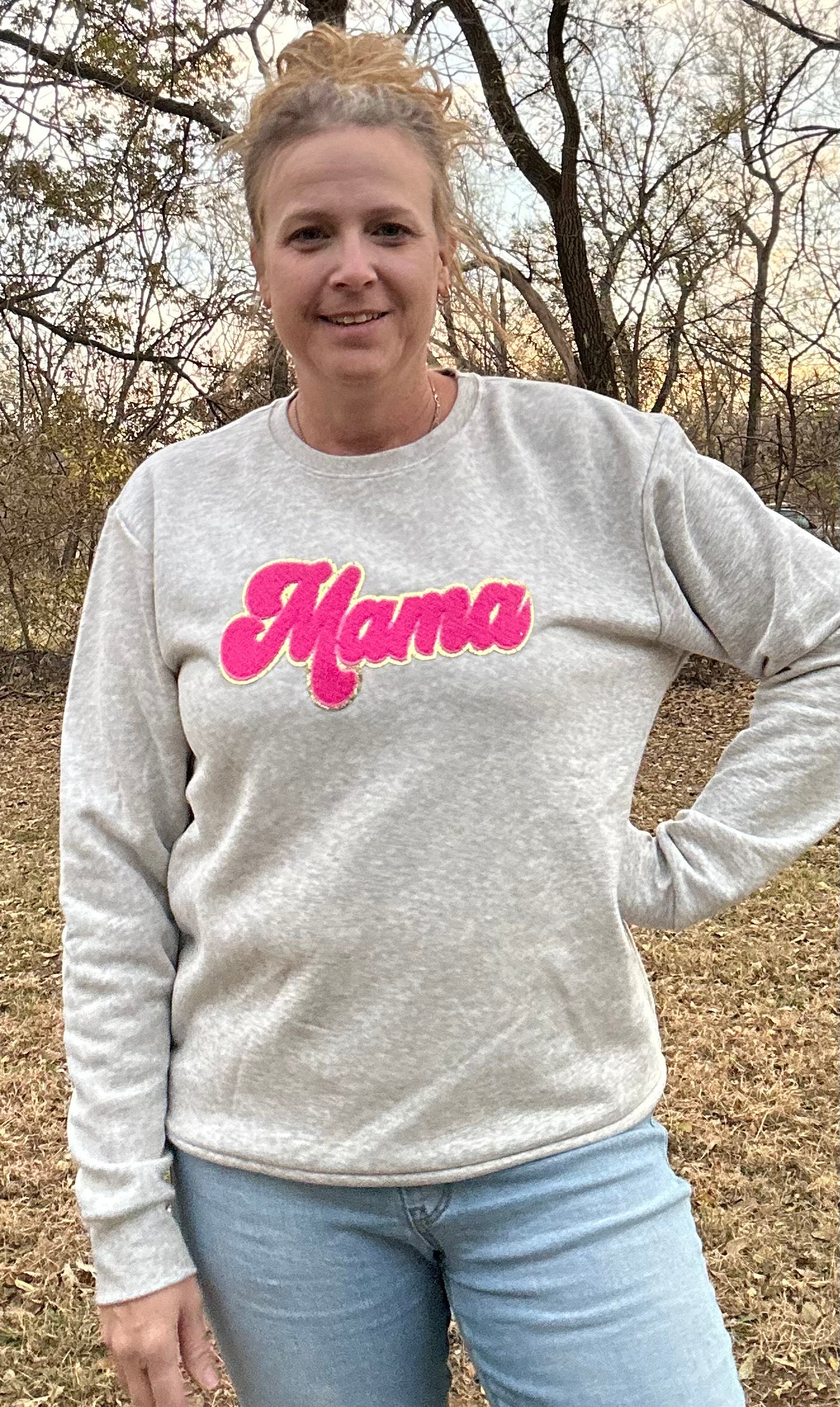 MAMA Hot Pink Chenille Heather Oatmeal Crewneck Sweatshirt