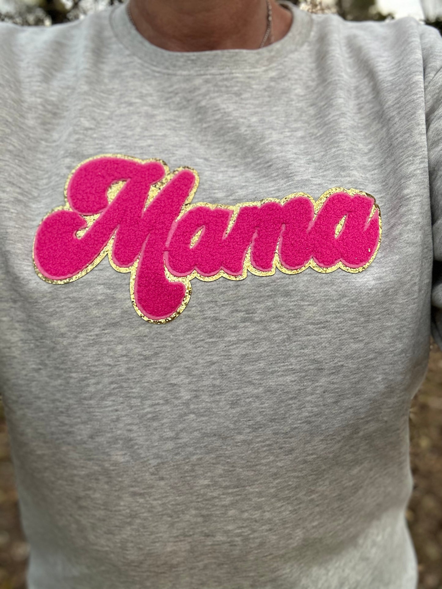 MAMA Hot Pink Chenille Heather Oatmeal Crewneck Sweatshirt