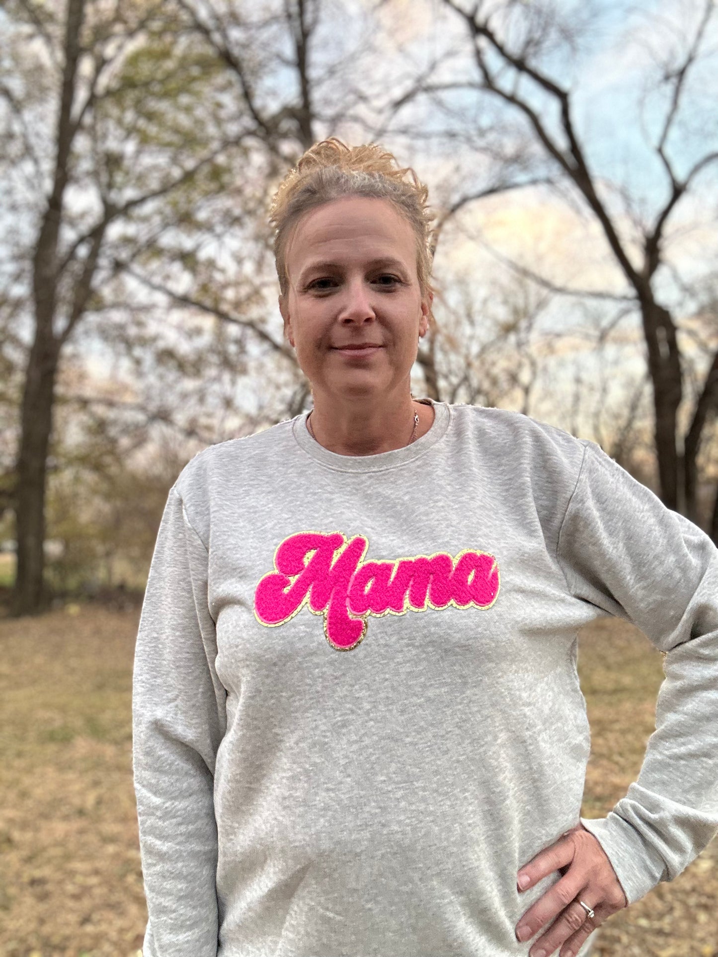 MAMA Hot Pink Chenille Heather Oatmeal Crewneck Sweatshirt