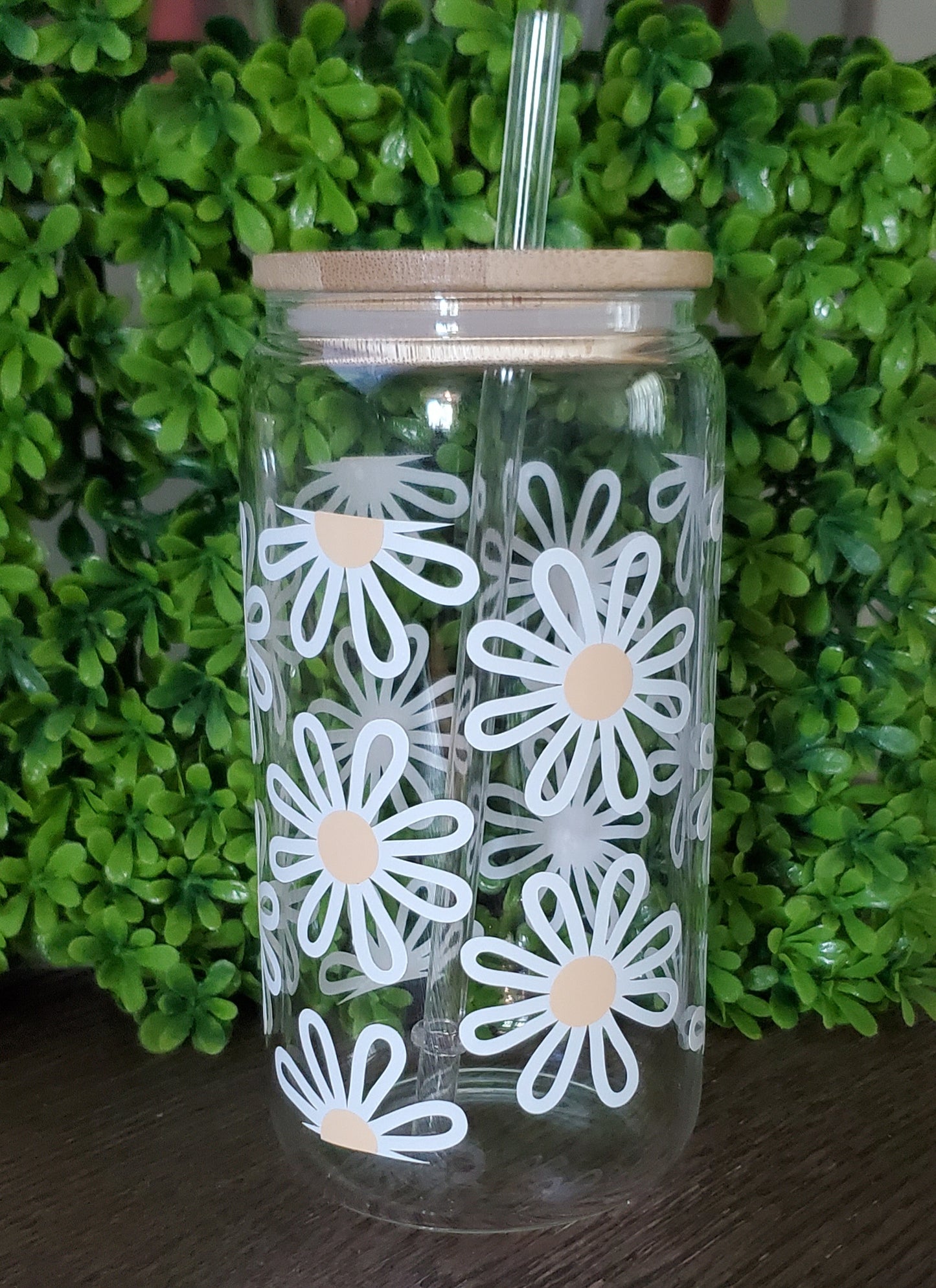 DAISY Flower Beer Can 16 ounce Glass w/Lid and Straw