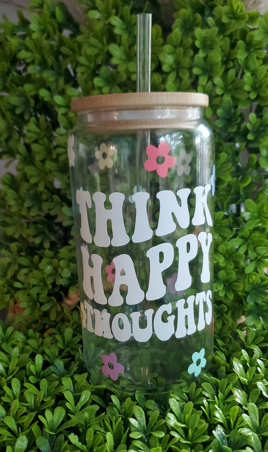 THINK HAPPY THOUGHTS Retro Floral Beer Can Cup