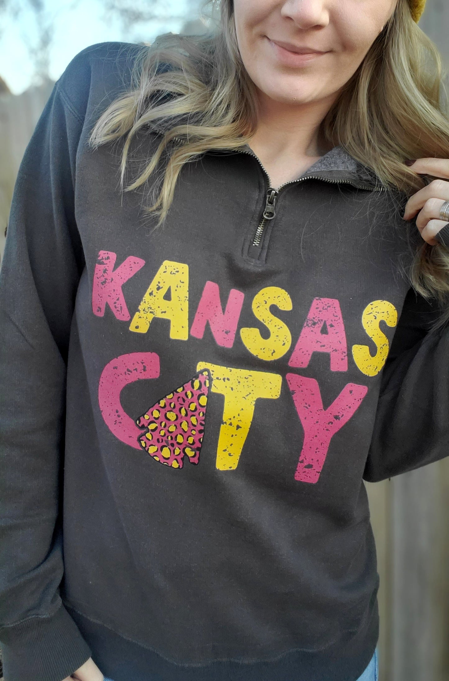 KANSAS CITY Leopard Arrow Charcoal Vintage Wash Quarter Zip