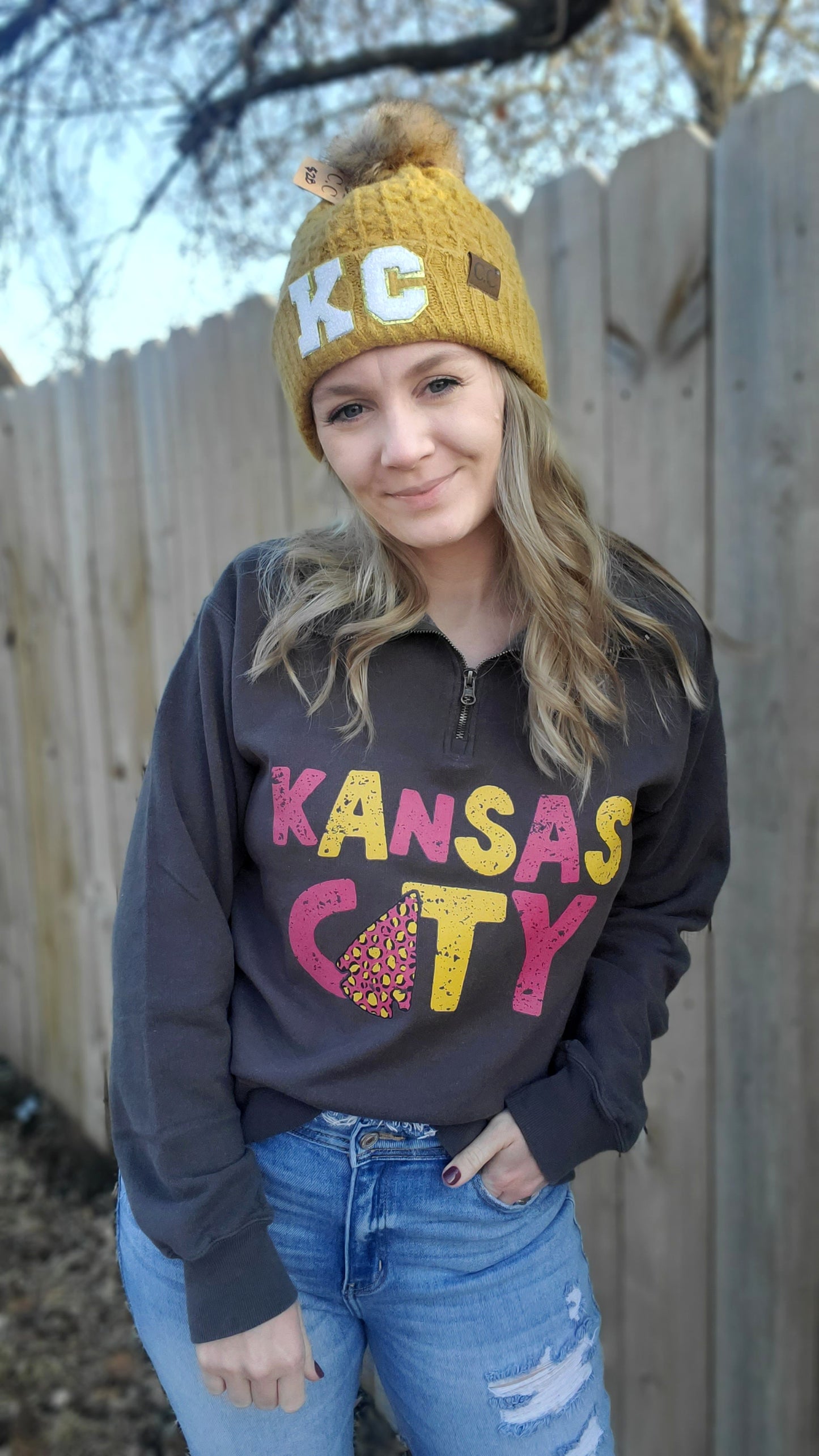 KANSAS CITY Leopard Arrow Charcoal Vintage Wash Quarter Zip