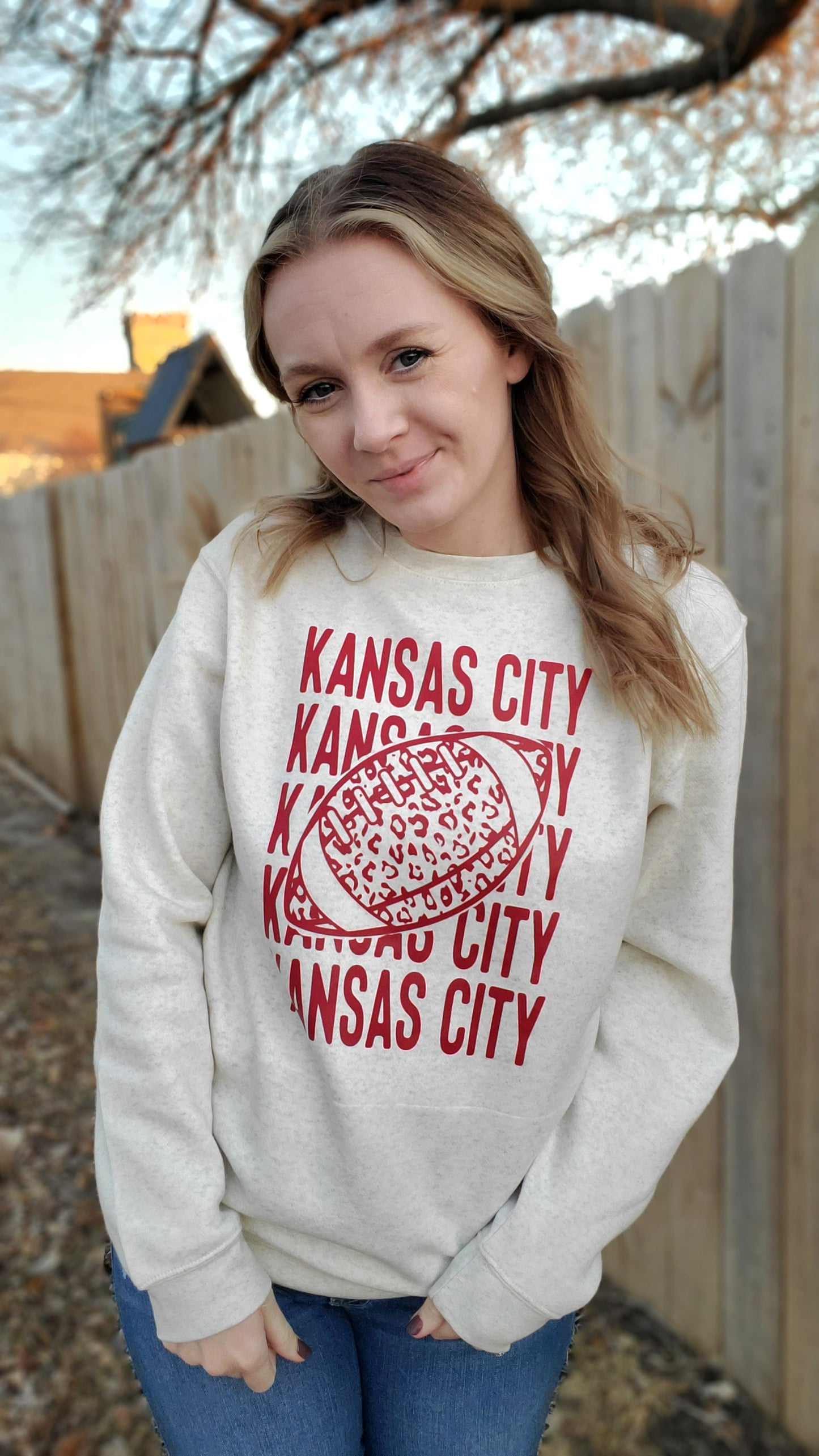 KANSAS CITY Leopard Football Heather Oatmeal Crewneck