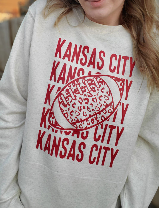 KANSAS CITY Leopard Football Heather Oatmeal Crewneck