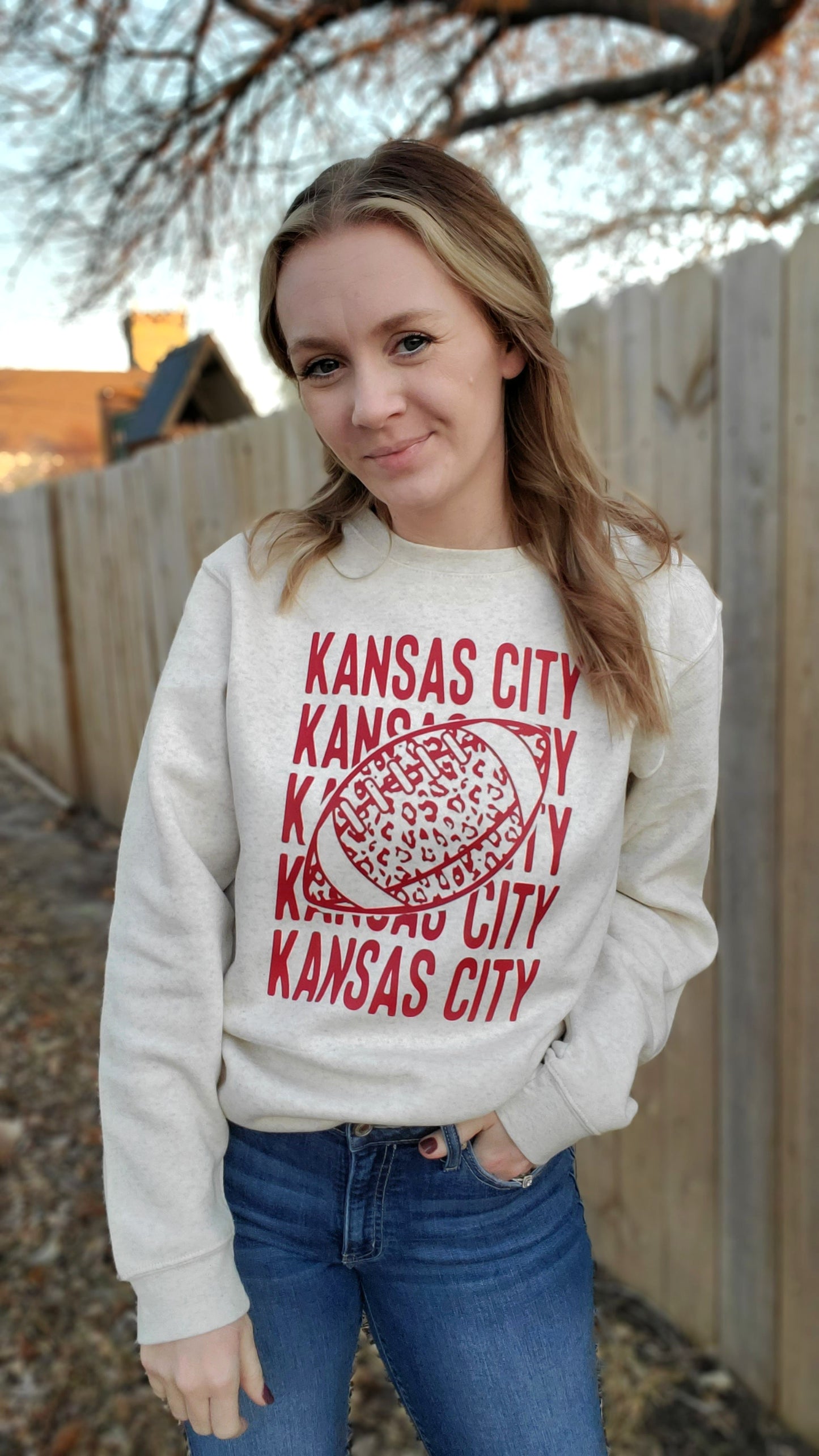 KANSAS CITY Leopard Football Heather Oatmeal Crewneck