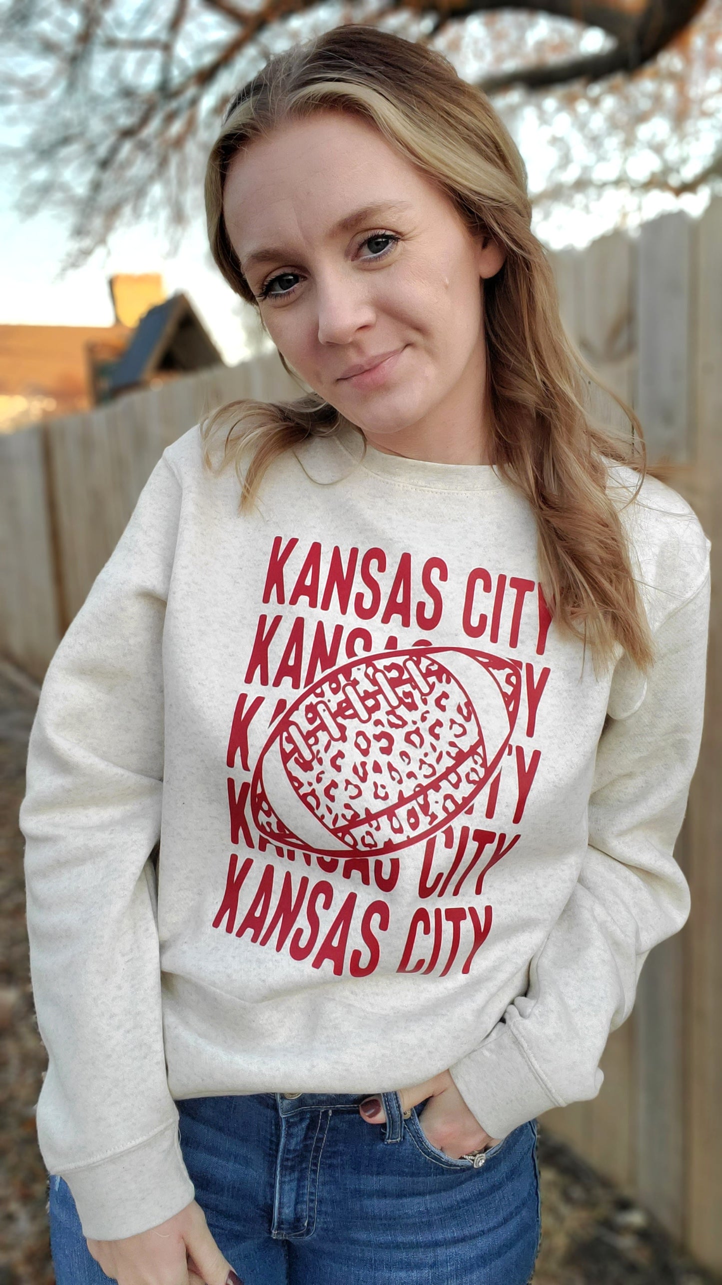 KANSAS CITY Leopard Football Heather Oatmeal Crewneck